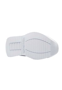 Suola di sneaker bianca con design testurizzato e rigato e logo del marchio visibile. Presenta una gomma liscia con una leggera curvatura nella punta.