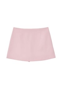 Gonna mini rosa realizzata in tessuto morbido, caratterizzata da un design pulito e semplice, senza decorazioni o chiusure visibili.