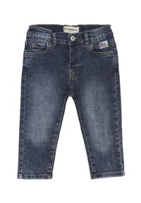 Pantaloni in denim in lavaggio scuro con un classico design a cinque tasche, passanti per cintura e cuciture in contrasto. Presentano una chiusura frontale con bottone e zip.