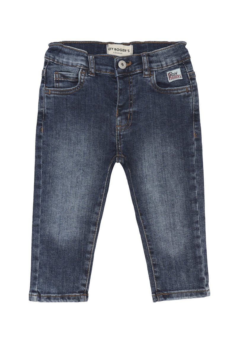 Pantaloni in denim in lavaggio scuro con un classico design a cinque tasche, passanti per cintura e cuciture in contrasto. Presentano una chiusura frontale con bottone e zip.