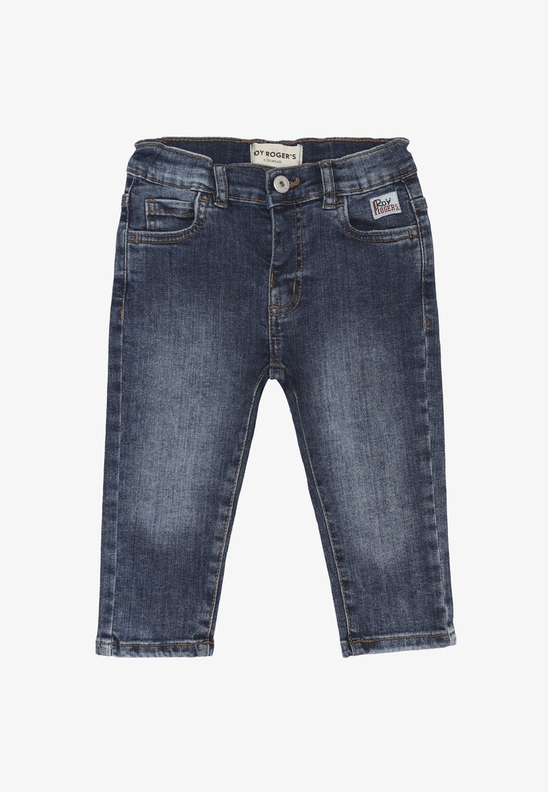 Pantaloni in denim in lavaggio scuro con un classico design a cinque tasche, passanti per cintura e cuciture in contrasto. Presentano una chiusura frontale con bottone e zip.