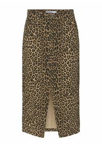 Leopardenmuster Midi-Rock mit einem vorderen Schlitz, aus einem Stoff mit glatter Textur. Verfügt über eine taillierte Taille und dezente metallische Details.