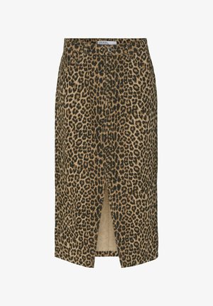 Leopardų rašto midi sijonas su priekine skeltimi, pagamintas iš lygaus audinio. Turi prigludusią juosmenį ir subtilius metalinius akcentus.