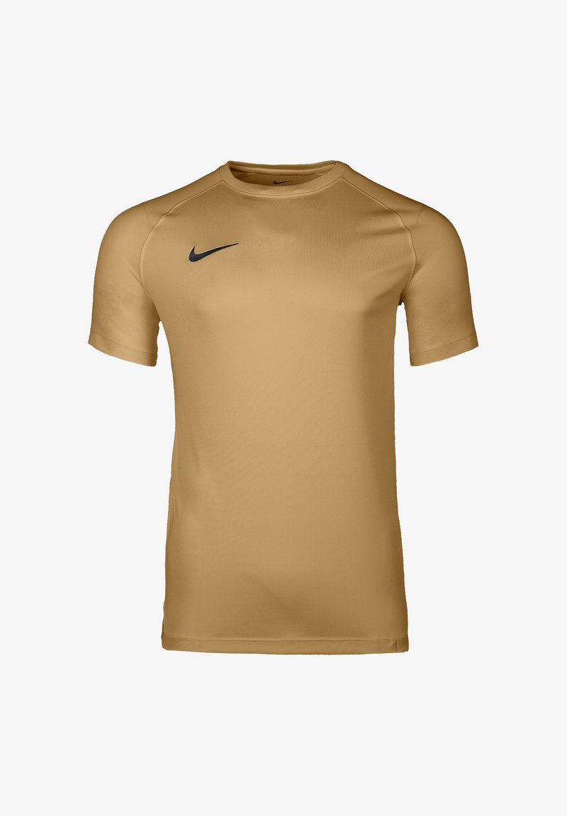 Kurzärmliges, hellbraunes Sportshirt mit schwarzem Nike-Swoosh auf der rechten Brust, Rundhalsausschnitt, auf weißem Hintergrund dargestellt.