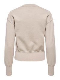 Sweat-shirt beige à col ras du cou, poignets et ourlet côtelés. Texture douce, coupe décontractée et détails de couture visibles à l'arrière.