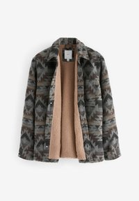 Knappad shacket med ett mönstrat grått och brunt yttertyg och ett mjukt beige sherpa-foder. Har en krage och en bröstficka.