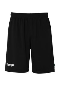 Zwarte sportshorts van lichtgewicht materiaal, met een elastische tailleband en een wit "Kempa" logo op de onderlinker.