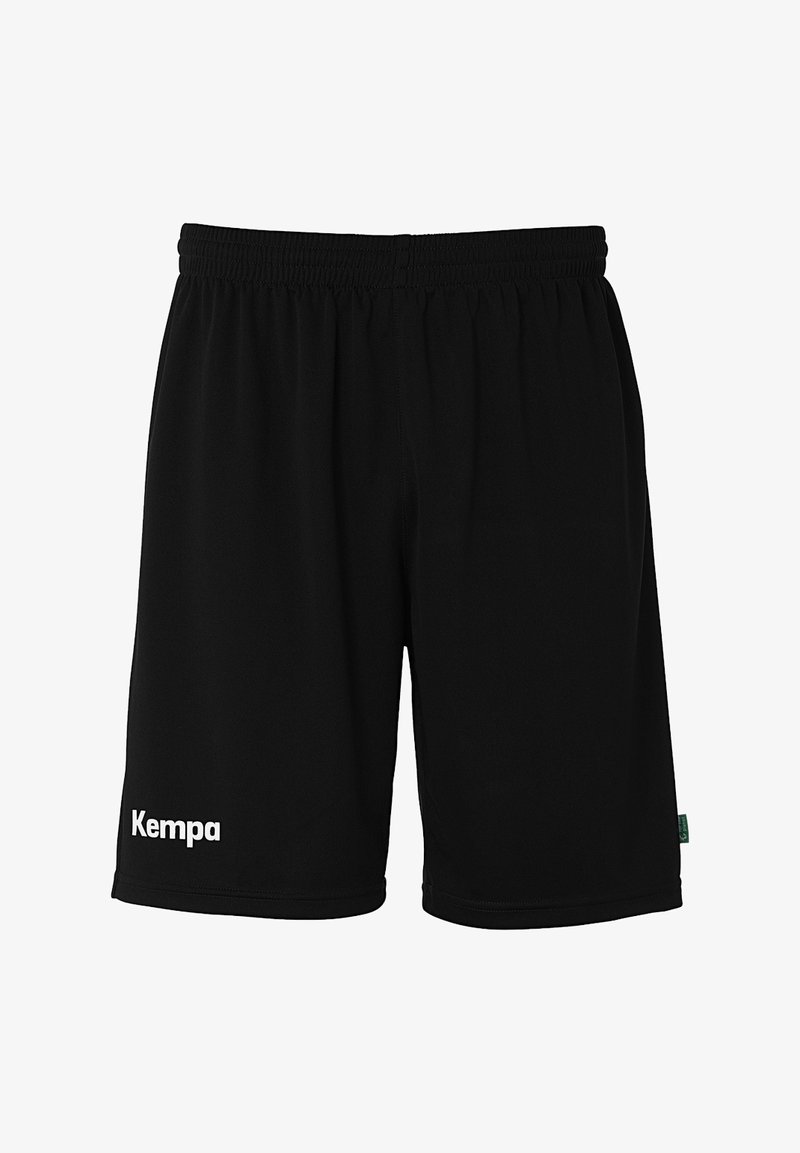 Shorts deportivos negros hechos de material ligero, con una cinturilla elástica y un logo blanco de "Kempa" en la esquina inferior izquierda.