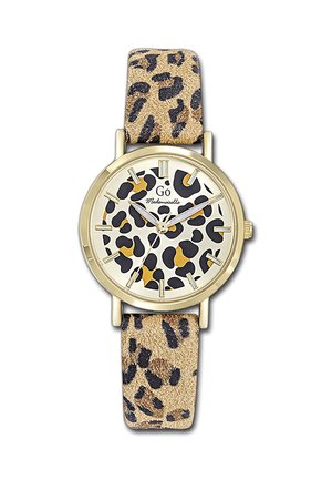 Montre analogique à cadran imprimé léopard et cadre doré, avec bracelet en cuir assorti imprimé léopard, affichant l'heure 10:09:36.