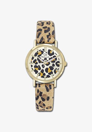 Montre analogique à cadran imprimé léopard et cadre doré, avec bracelet en cuir assorti imprimé léopard, affichant l'heure 10:09:36.