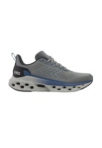 Grauer Sportschuh mit strukturiertem Mesh-Obermaterial, blauen Akzenten und einer dicken weißen Mittelsohle mit Ausschnitten für eine bessere Dämpfung. Schwarze Außensohle.