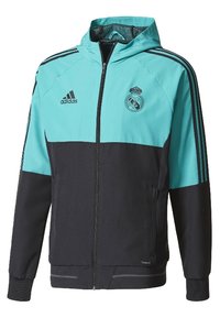 Zwarte en teal sportjack met een rits aan de voorkant, capuchon, drie zwarte strepen op de mouwen en een logo op de borst.