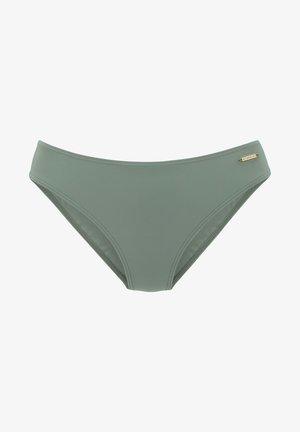 Grüner Bikini-Höschen aus glattem Stoff. Mit einem tief sitzenden Schnitt und einem goldenen Logo-Akzent an der Seite. Einfaches, minimalistisches Design.