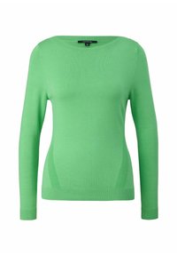 Maglione verde a maniche lunghe con scollatura tonda, realizzato in materiale morbido; presenta dettagli a coste lungo l'orlo e i pannelli laterali.