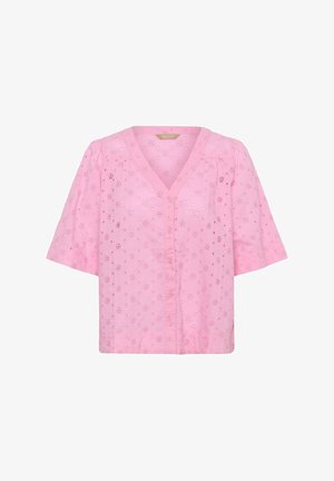 Rózsaszín, rövid ujjú blúz V-nyakkivágással, gombos elülső résszel, hímzett virágmintával és enyhén púpos vállrésszel.