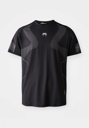 Black athletic T-shirt in a lightweight fabric, featuring textured gray patterns on shoulders and sides, with a round neckline and short sleeves.