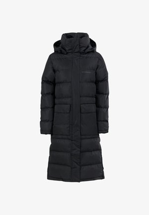 Langer schwarzer gepolsterter Wintermantel mit Kapuze, Frontreißverschluss, Klappentaschen und hohem Kragen, entworfen für kaltes Wetter.