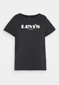 Zwart Levi's t-shirt met pastelgekleurde logotext en "Sinds 1873" eronder gedrukt, korte mouwen, ronde halslijn.