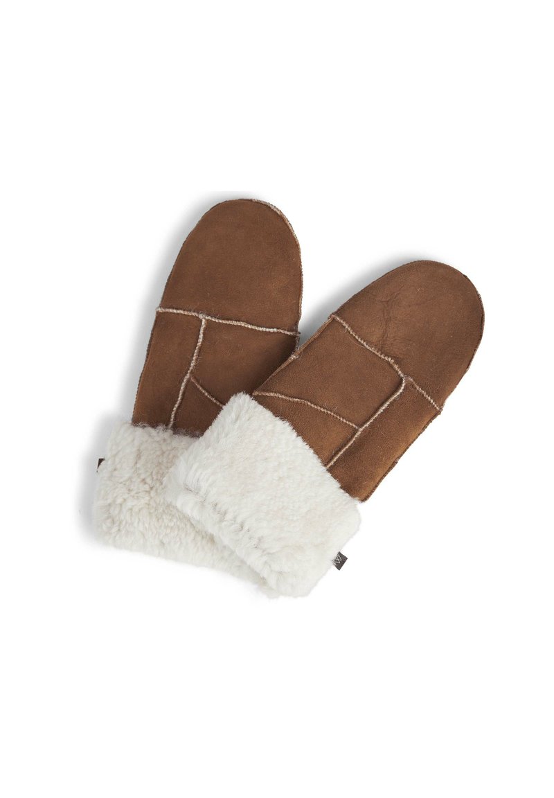 Muffole in camoscio marrone con polsino in shearling bianco, caratterizzate da un design cucito e una texture liscia. Calde e progettate per l'uso in condizioni di freddo.