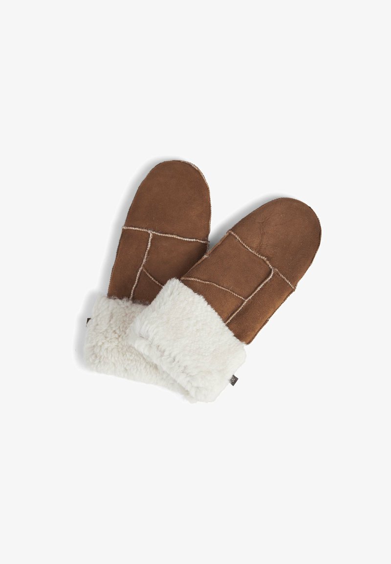 Muffole in camoscio marrone con polsino in shearling bianco, caratterizzate da un design cucito e una texture liscia. Calde e progettate per l'uso in condizioni di freddo.