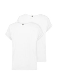 White short-sleeve T-shirts featuring rolled cuffs, a round neckline, and a small logo tag at the back of the neck. Cotton material.