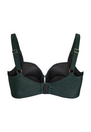 Ciemnozielony biustonosz z regulowanymi ramiączkami i elementami w kolorze złotym, z formowanymi miseczkami oraz czarnym zamknięciem z przodu.