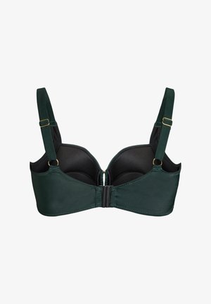 Donkergroene beha met verstelbare bandjes en goudkleurige details, gevormde cups en een zwarte sluiting aan de voorkant.