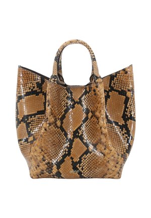 Brown and black snakeskin-patterned tote bag with two short handles and a slightly open, structured shape.
