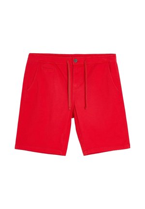 Czerwone casualowe szorty z zapięciem na guzik i troczki, przednimi kieszeniami oraz małą kieszonką po lewej stronie.