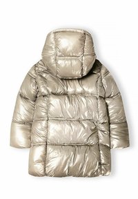 Kurtka puchowa w metaliczny beż z kapturem, z pikowanym wypełnieniem, gładką teksturą i elastycznymi szwami. Przedstawiony widok z tyłu.