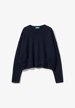 Navyblauer abgeschnittener Pullover aus weichem Strickmaterial, mit Rundhalsausschnitt, gerippten Bündchen und zwei Fronttaschen. Schlichtes Design.