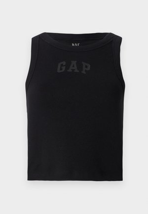 Svart ribbestrikket tank topp med rund hals, med en kontrasterende svart "GAP" logo på forsiden. Ingen ekstra dekorasjoner.