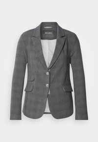 Blazer gris à carreaux sur mesure avec deux boutons argentés, revers crantés et trois poches à rabat, étiqueté "MOS MOSH."