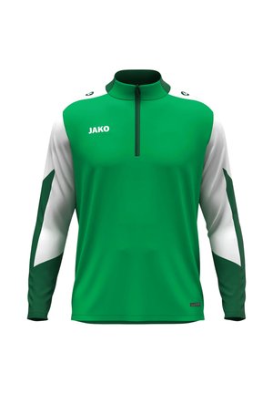 Grün-weißer Sport-Quarter-Zip-Pullover. Verfügt über einen hohen Kragen, lange Ärmel und ein kontrastierendes Design mit dem Wort "JAKO" auf der Brust.