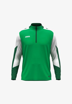 Grün-weißer Sport-Quarter-Zip-Pullover. Verfügt über einen hohen Kragen, lange Ärmel und ein kontrastierendes Design mit dem Wort "JAKO" auf der Brust.