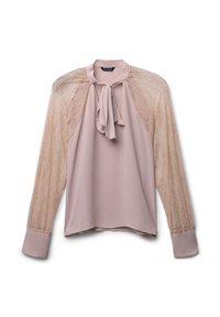 Beige Bluse mit langen Ärmeln und durchsichtigen Spitzeärmeln, einem hohen Kragen und einem vorn gebundenen Schleifendetail.