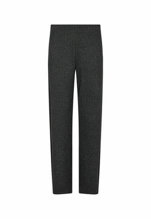 Tumši pelēki bikses ar vertikālu pinstripe rakstu. Iespējas ar taisnu griezumu un elastīgu jostu ērtiem valkājumiem. Izgatavotas no struktūrēta materiāla.