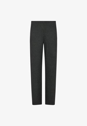 Ciemnoszare spodnie z pionowym wzorem w prążki. Charakteryzują się prostym krojem i elastycznym pasem dla wygody. Wykonane z teksturowanego materiału.