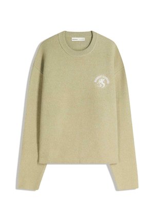 Lichtgroene, ronde hals trui gemaakt van zachte stof. Heeft lange mouwen en een klein wit logo op de voorkant. Casual, comfortabele pasvorm.