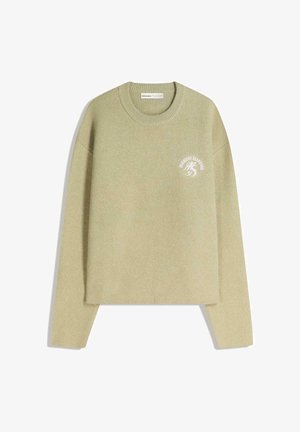 Lichtgroene, ronde hals trui gemaakt van zachte stof. Heeft lange mouwen en een klein wit logo op de voorkant. Casual, comfortabele pasvorm.