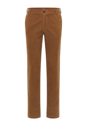 Braune Corduroyhosen mit geradem Schnitt, ausgestattet mit einem Knopfverschluss, Gürtelschlaufen und einem strukturierten Stoff mit vertikalen Rillen.