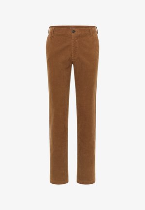 Braune Corduroyhosen mit geradem Schnitt, ausgestattet mit einem Knopfverschluss, Gürtelschlaufen und einem strukturierten Stoff mit vertikalen Rillen.