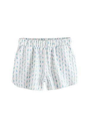Biele šortky z froté látky s vertikálnymi modrými a ružovými pruhmi zo švov a elastickým pásom.
