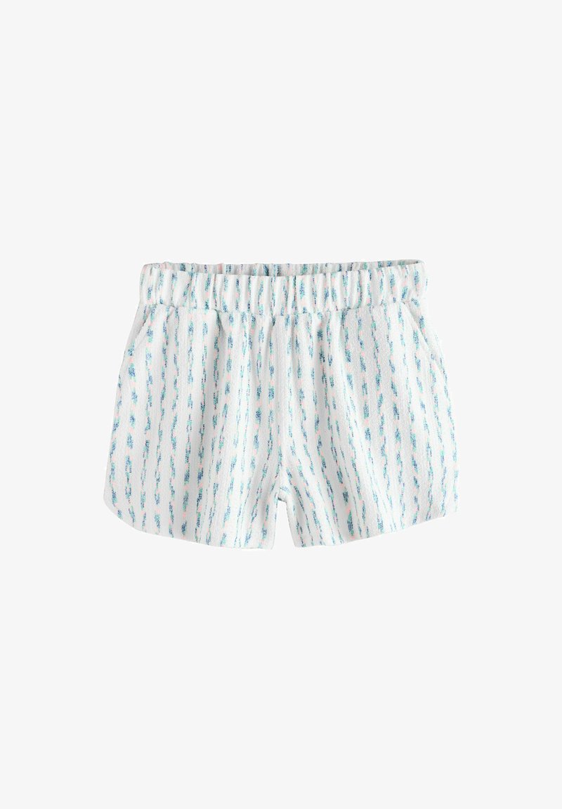 Shorts en éponge blanche avec des rayures verticales de couture bleues et roses et une ceinture élastique.