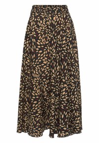 Gonna maxi in tessuto nero con motivo a foglie in beige e bordeaux. Presenta una vita elasticizzata e una silhouette fluida.