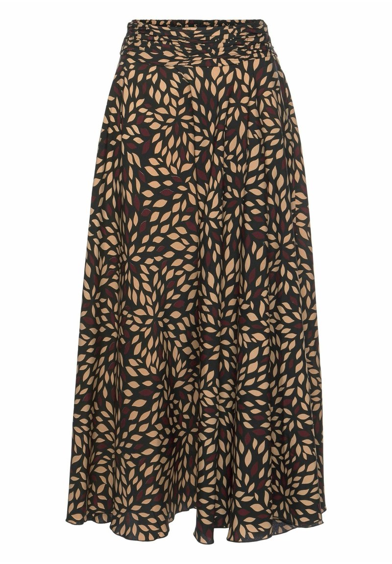 Gonna maxi in tessuto nero con motivo a foglie in beige e bordeaux. Presenta una vita elasticizzata e una silhouette fluida.