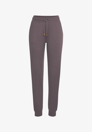 Graue Sweatpants aus weichem Material, mit einem elastischen Bund mit Kordelzug, zwei vorderen Taschen und dezenten goldenen Akzenten an den Enden der Kordel.