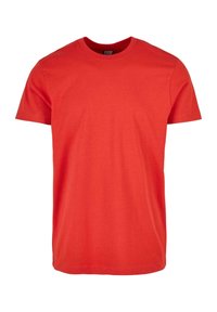 Rode katoenen T-shirt met een klassieke ronde hals en korte mouwen, met een gladde textuur en een rechte zoom.