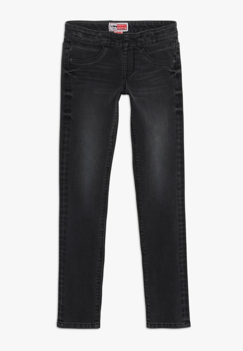 Jean skinny noir en denim avec une texture lisse. Comprend cinq poches, des coutures contrastées et une taille mi-haute.