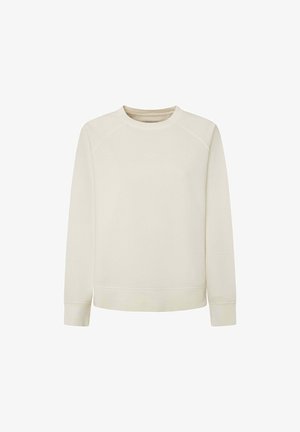 Krémová mikina s dlhými raglánovými rukávmi, ribovanými manžetami a spodným lemom, s jemným logom na prednej strane. Mäkká textúra z bavlnenej zmesi.